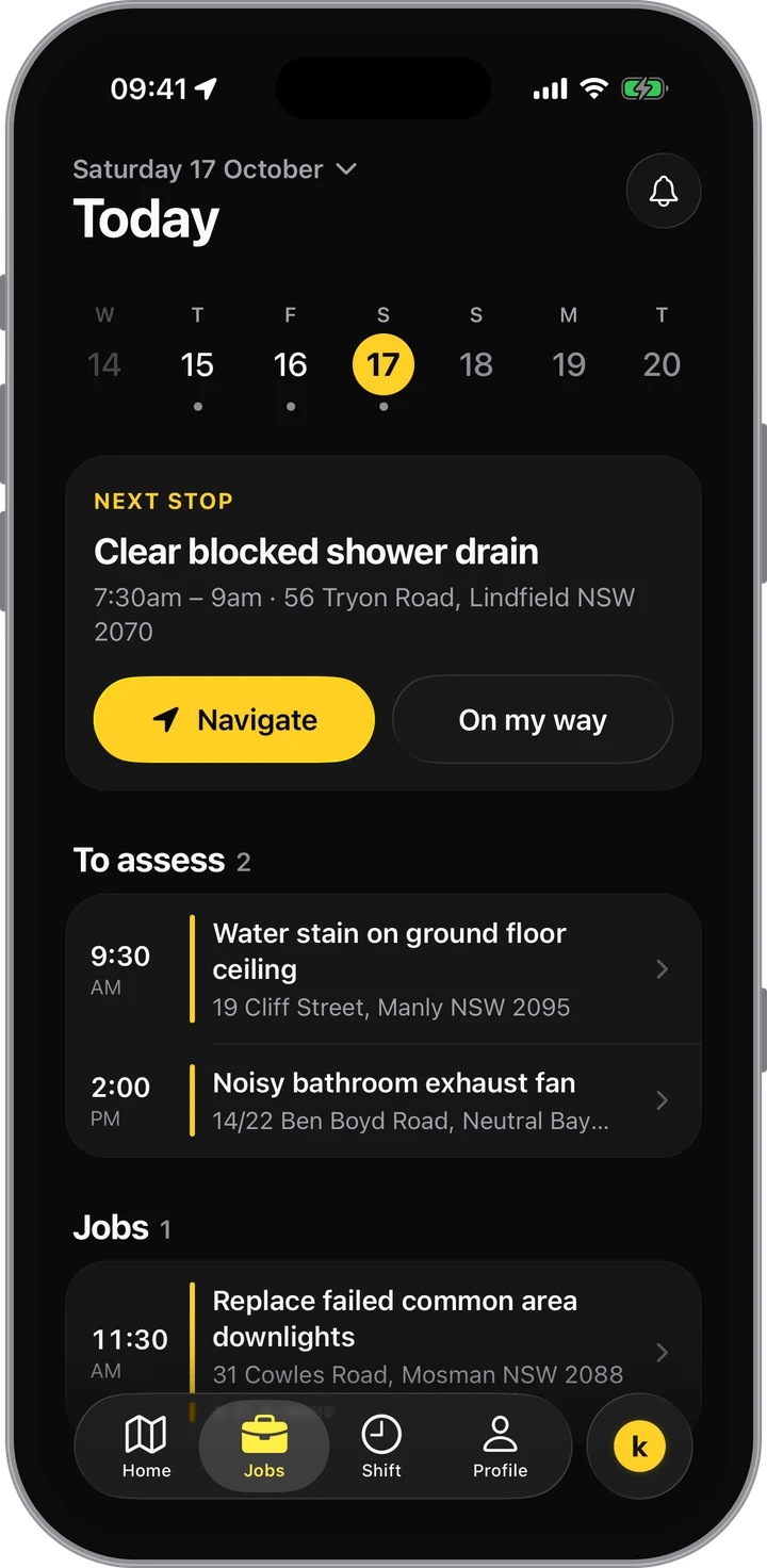 The same job on the tech's phone in the Kepd field app