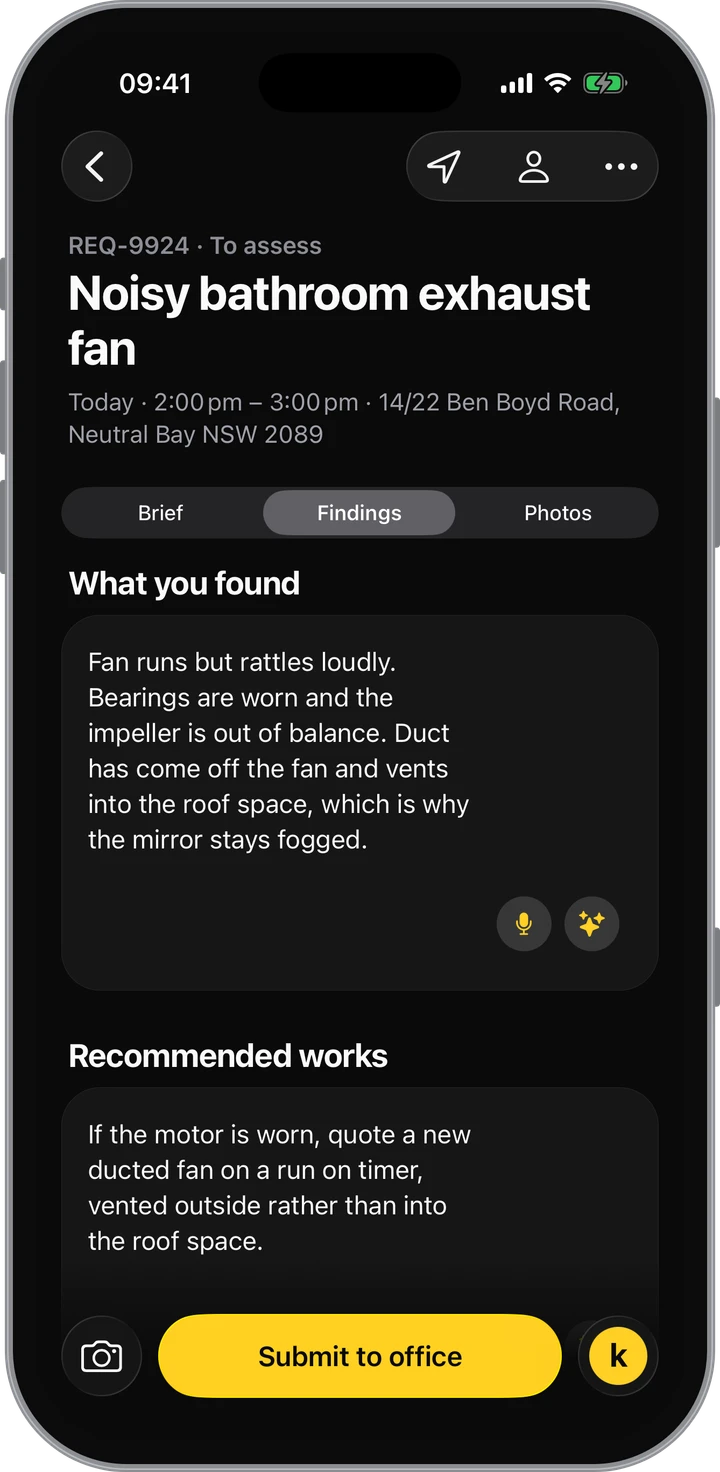 Site notes in the Kepd field app, with the microphone and Kip's tidy-up beside each field