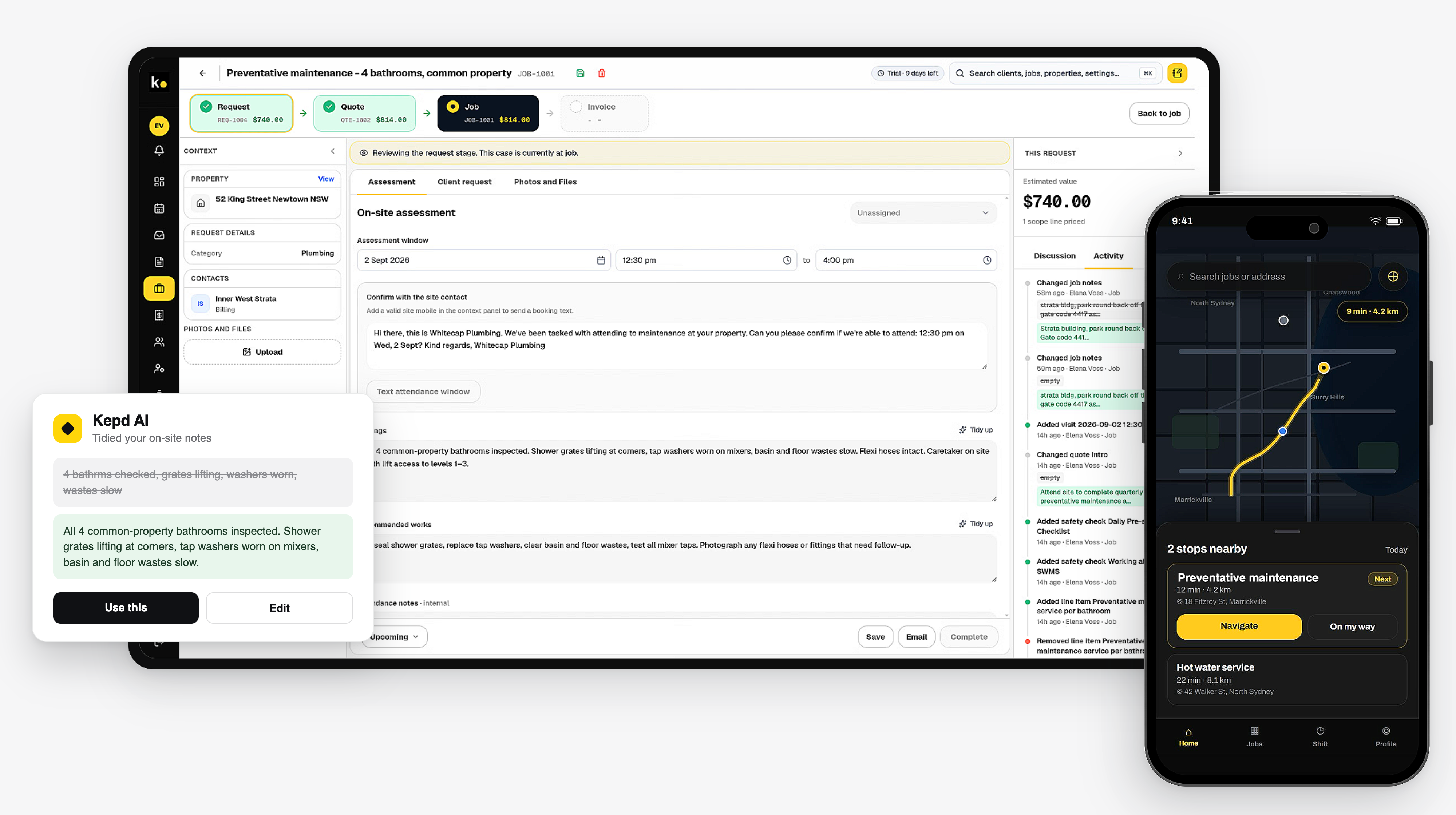 The Kepd job workspace on the desktop beside the field app on a phone