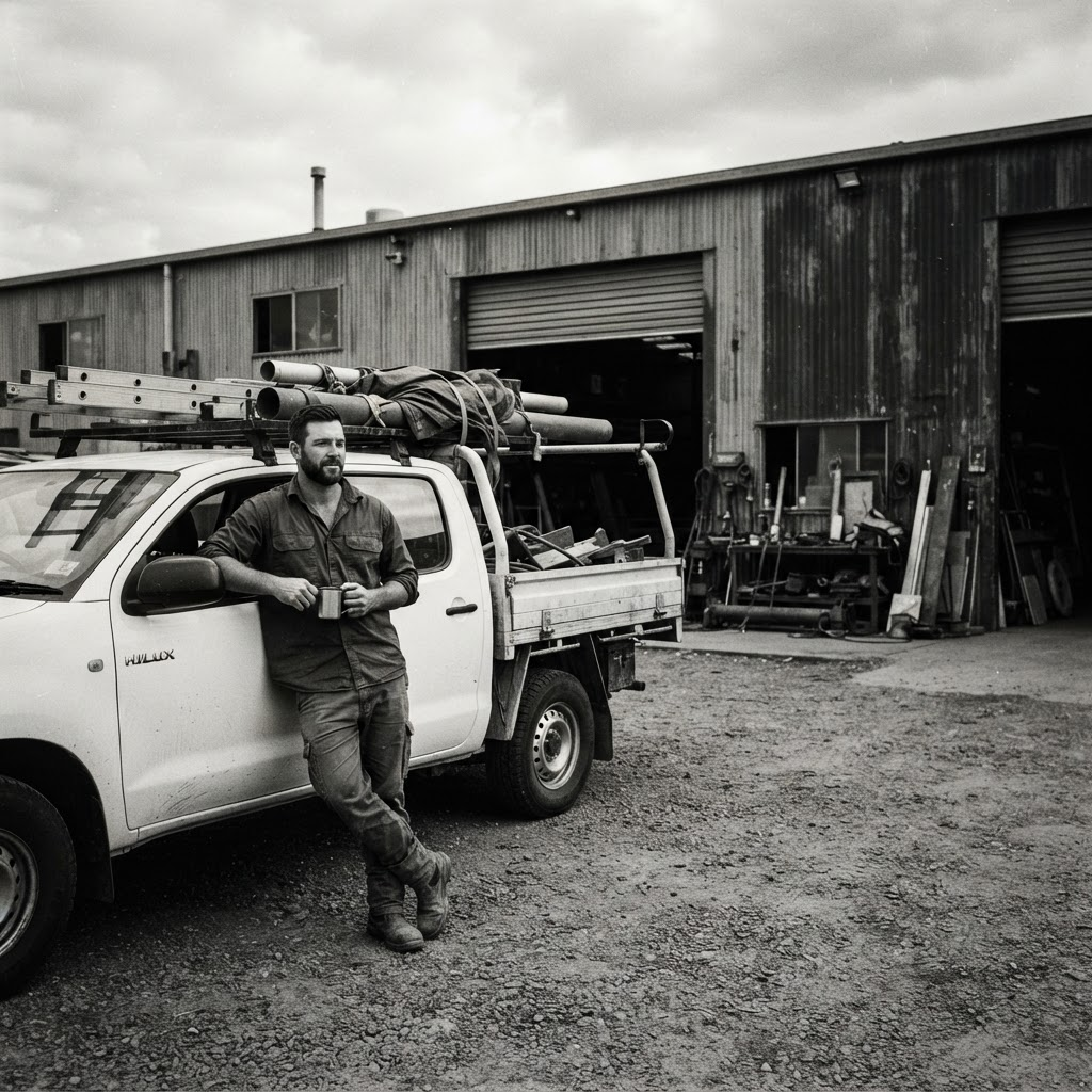 A tradesman leaning against his ute outside a workshop